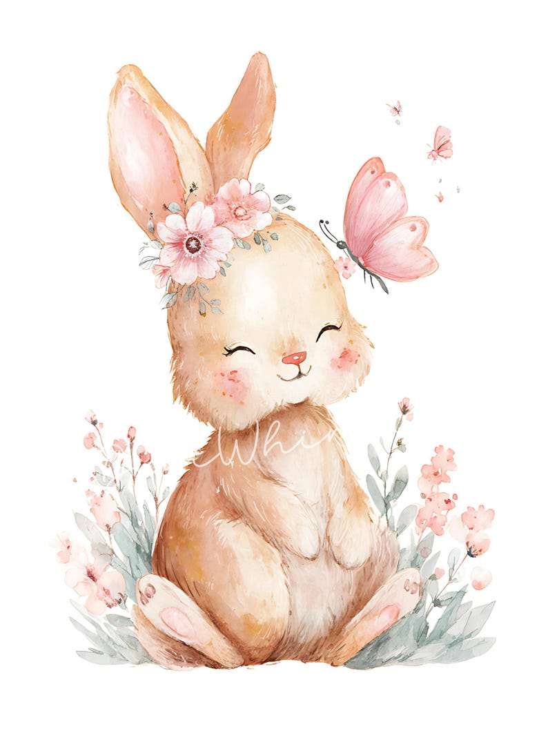 May include: Watercolor illustration of a smiling bunny with a floral crown and a pink butterfly. The bunny is light brown with pink accents, surrounded by pink flowers and green foliage. The word "Whi" is written on the bunny's body.