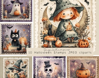 10 Vintage Halloween Stamps Clipart: Witch, Ghost, Pumpkin (JPG Digital Download)