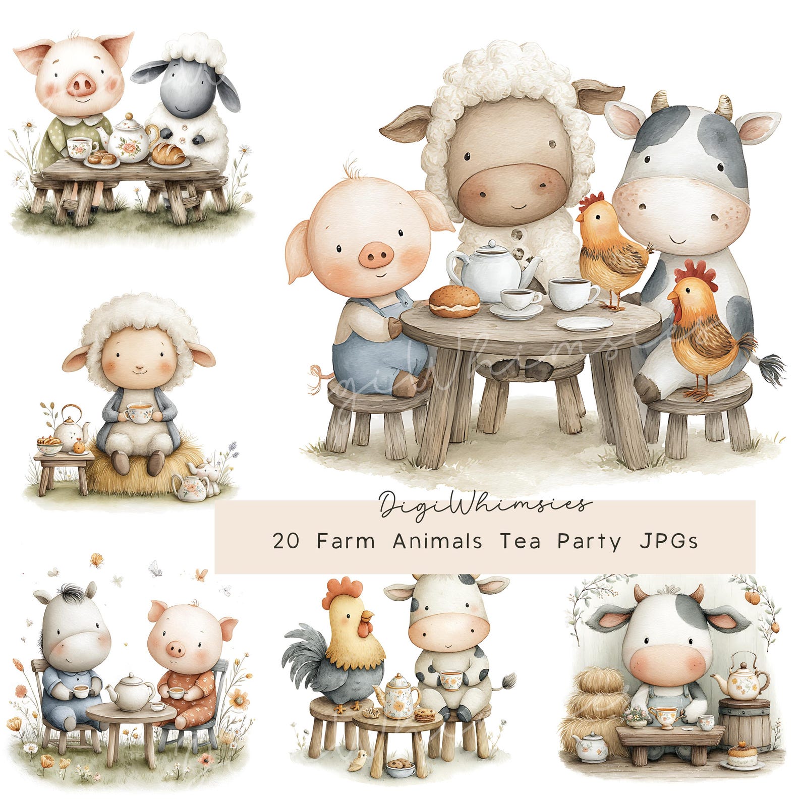 Farm Animals Tea Party Clipart Set: Watercolor Barn Nursery ...