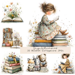 Op de afbeelding: Waterverfillustraties met een boeken thema. Een meisje leest op een stapel boeken, en andere afbeeldingen tonen een boekenplank, een stapel boeken met een lint en drie knuffels die lezen. De tekst luidt "DigiWhimsies 20 Bookish Cottagecore JPGs."