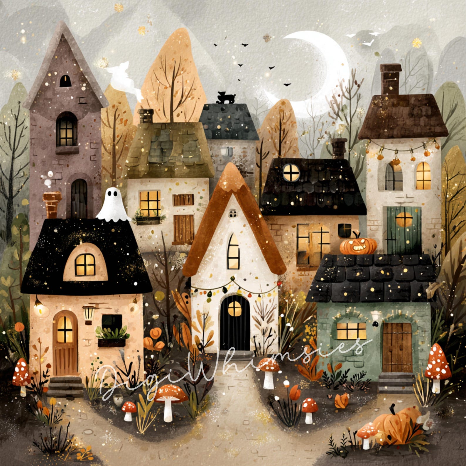 12 Watercolor Halloween Houses Clipart: Spooky Village Illustrations ...