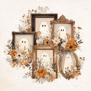 May include: A collection of framed ghost illustrations with floral arrangements. The frames are various shapes and sizes, with a mix of gold and dark brown finishes. The ghosts are white with black dot eyes, surrounded by orange and white flowers.