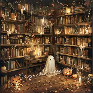 May include: A cozy illustration of a library decorated for Halloween. Bookshelves are filled with aged books, lit by candles and adorned with pumpkins and a ghost. The floor is scattered with autumn leaves, creating a warm, inviting atmosphere.