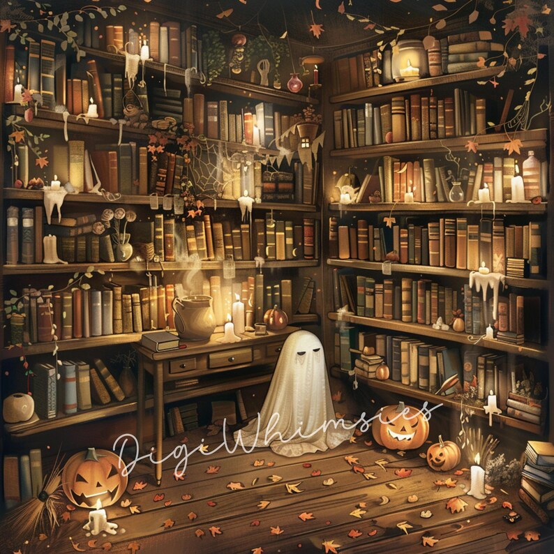 May include: A cozy illustration of a library decorated for Halloween. Bookshelves are filled with aged books, lit by candles and adorned with pumpkins and a ghost. The floor is scattered with autumn leaves, creating a warm, inviting atmosphere.