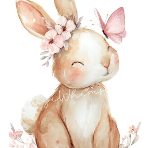 May include: Watercolor illustration of a bunny with a floral crown and a pink butterfly. The bunny is light brown with a white belly and a fluffy tail. Pink flowers and gray leaves are at the base of the bunny. The image has a soft, whimsical feel.