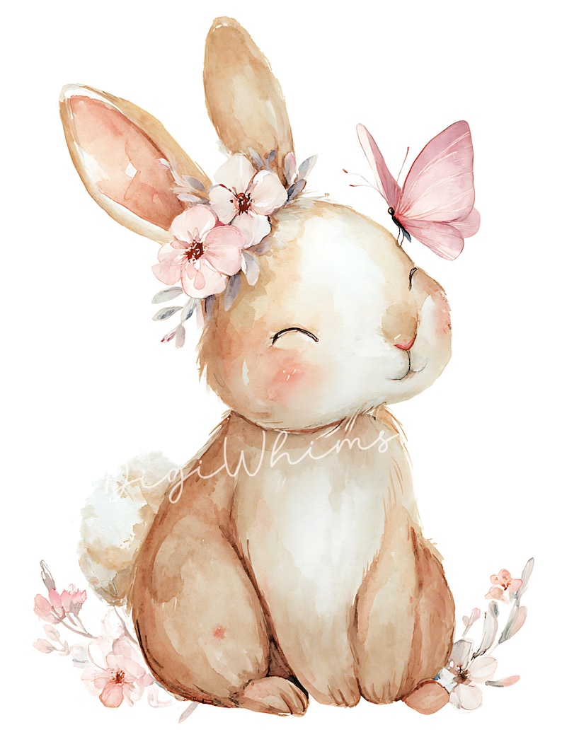 May include: Watercolor illustration of a bunny with a floral crown and a pink butterfly. The bunny is light brown with a white belly and a fluffy tail. Pink flowers and gray leaves are at the base of the bunny. The image has a soft, whimsical feel.