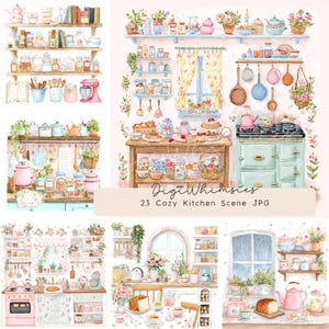 Könnte beinhalten: Aquarellillustrationen von gemütlichen Küchenszenen. Die Bilder zeigen Regale voller Gläser, Teekannen und Blumen. Küchengeräte wie Herde und Mixer sind ebenfalls abgebildet. Der Text "DigiWhimsies" und "23 Cozy Kitchen Scene JPG" sind sichtbar.