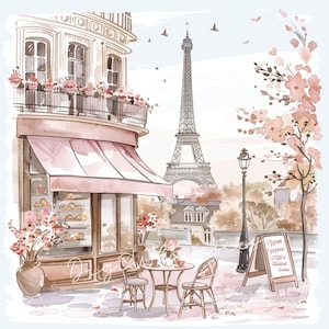 Può includere: Dipinto ad acquerello di un caffè parigino con tenda da sole rosa, posti a sedere all'aperto e la Torre Eiffel sullo sfondo. La scena comprende un edificio con balcone, fiori e un cartello stradale.