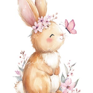 May include: Watercolor illustration of a smiling bunny with a flower crown and a pink butterfly. The bunny has brown fur, pink ears, and rosy cheeks. Pink flowers and green leaves are around the bunny.