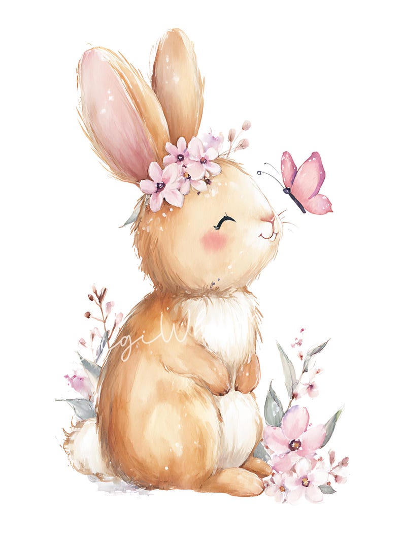 May include: Watercolor illustration of a smiling bunny with a flower crown and a pink butterfly. The bunny has brown fur, pink ears, and rosy cheeks. Pink flowers and green leaves are around the bunny.