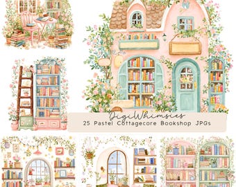 Peut inclure: Illustrations à l'aquarelle d'une librairie cottagecore aux couleurs pastel et de diverses étagères. Les images présentent des piles de livres, des accents floraux et le texte "DigiWhimsies" et "25 Pastel Cottagecore Bookshop JPGs".