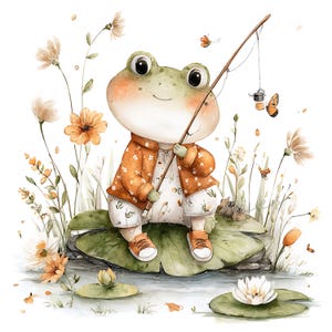 May include: Watercolor illustration of a friendly frog fishing. The frog is wearing an orange jacket with white floral accents, matching shorts, and orange sneakers. It sits on a lily pad surrounded by flowers, butterflies, and water.