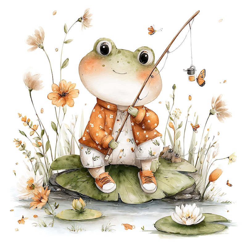 May include: Watercolor illustration of a friendly frog fishing. The frog is wearing an orange jacket with white floral accents, matching shorts, and orange sneakers. It sits on a lily pad surrounded by flowers, butterflies, and water.