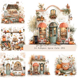 Op de afbeelding: Een verzameling digitale illustraties met herfstachtige caféscènes, pompoendecoraties en gezellige winkelpuien. De afbeeldingen bevatten warme oranje, bruine en groene tinten, met de tekst Digiwimsies 24 Pumpkin Spice Cafe JPG.