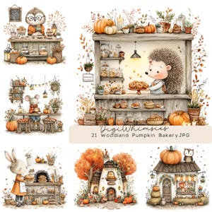 May include: A digital collection of six watercolor illustrations featuring woodland animals in autumn bakery settings, including a hedgehog, owl, mouse, and rabbit, with pumpkins, pastries, and rustic structures. Text reads: DigiWhimsies 21 Woodland Pumpkin Bakery JPG.