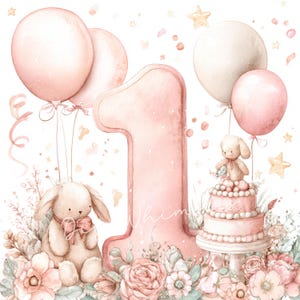 Puede incluir: Ilustración en acuarela con un gran número uno rosa, globos, un conejito y una tarta de varios pisos. La imagen tiene una paleta de colores suaves y pastel con acentos florales y confeti en forma de estrella. La palabra "Whimsy" está escrita en el número uno.
