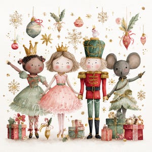 Peut inclure: Illustration à l'aquarelle de quatre personnages du ballet Casse-Noisette. Une ballerine, une princesse, un casse-noisette et une souris se tiennent par la main. Des cadeaux et des ornements sont en bas et en haut de l'image. Des flocons et des accents dorés.