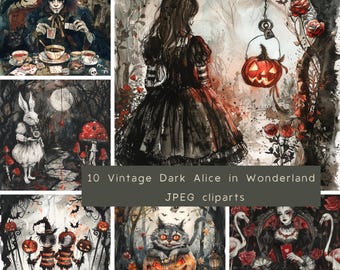 Vintage Alice in Wonderland Clip Art: Dark Gothic Ephemera (10 High-Res JPGs)