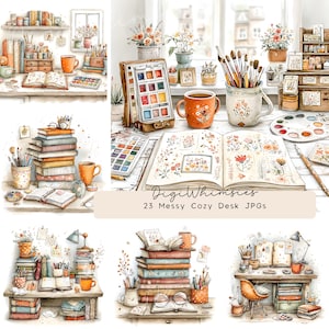 Può includere: Illustrazioni ad acquerello di scrivanie accoglienti con libri, materiali artistici e tazze di tè. Le immagini presentano una tavolozza di colori caldi, tra cui arancioni, marroni e verdi. Il testo "DigiWhimsies" e "23 Messy Cozy Desk JPGs" sono visibili.