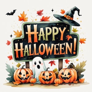 Puede incluir: Ilustración en acuarela con temática de Halloween. Un letrero negro con las palabras "HAPPY HALLOWEEN!" está encima de tres calabazas talladas y un fantasma. Un sombrero de bruja y hojas de otoño completan el diseño festivo.