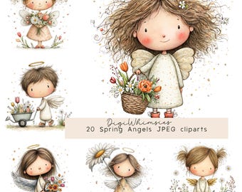 May include: Watercolor illustrations of spring angels with halos and wings. The angels are depicted with flowers, baskets, and a wheelbarrow. The text "DigiWhimsies 20 Spring Angels JPEG cliparts" is at the bottom.