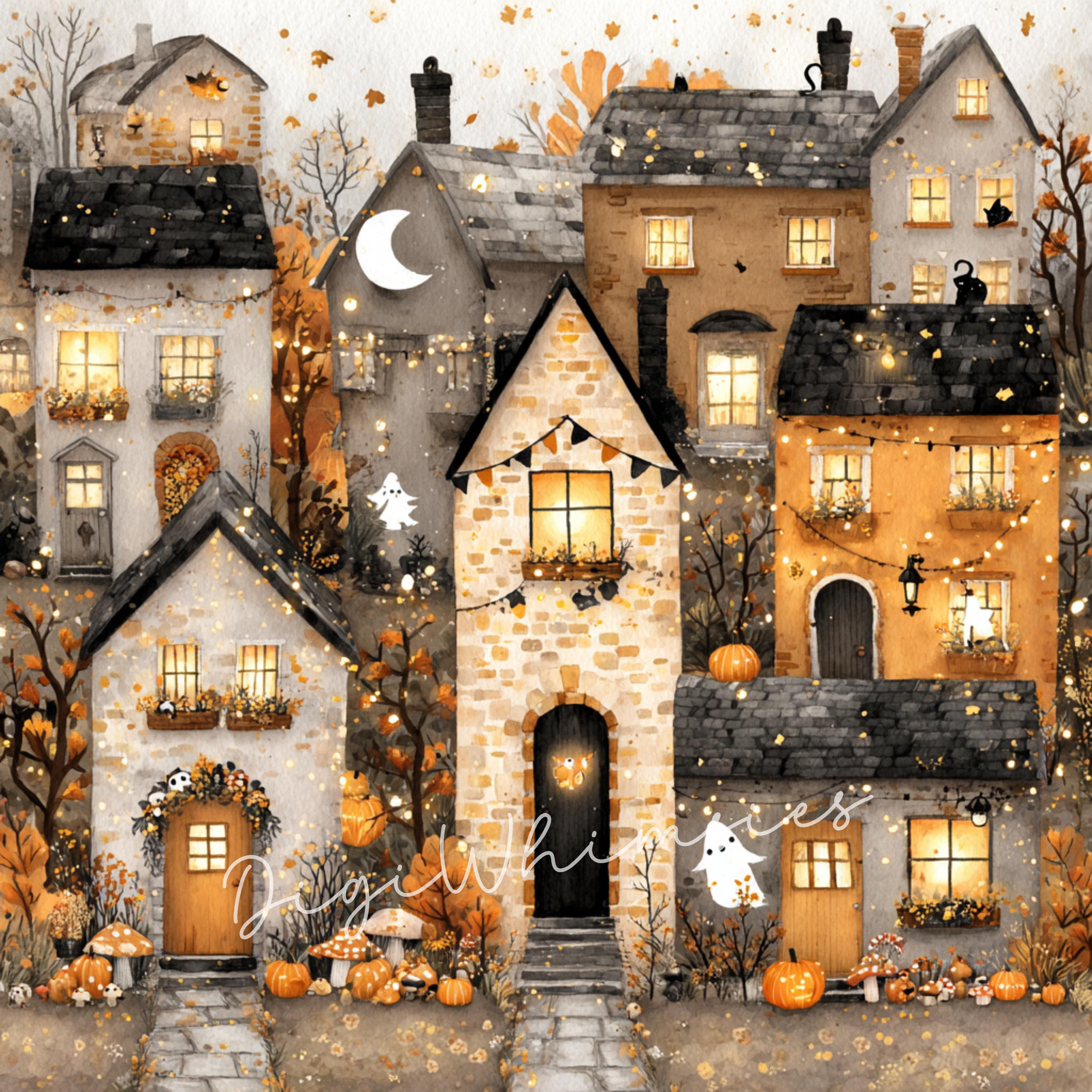 12 Watercolor Halloween Houses Clipart: Spooky Village Illustrations ...