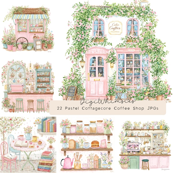 Imágenes prediseñadas de cafetería estilo cottagecore en tonos pastel: Gráficos de cafetería con acuarelas originales (22 imágenes JPG, descarga digital)