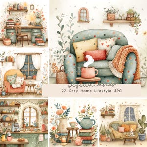 Cozy Home Lifestyle Clipart: Aquarell Grandmacore Interior Illustrationen (digitaler Download)