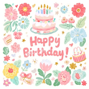 Op de afbeelding: Een grillige illustratie met een verjaardagsthema. Een taart met twee verdiepingen en brandende kaarsen is omgeven door kleurrijke bloemen, sterren en de woorden "Happy Birthday!" in roze. Het ontwerp heeft een handgeschilderde esthetiek.