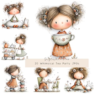 May include: A collection of watercolour illustrations depicting whimsical tea party scenes. The images feature cartoon girls with floral details, teacups, teapots, and a rabbit. The text "20 Whimsical Tea Party JPGs" is present. The colour scheme uses soft pastels and earthy tones.