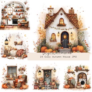 Op de afbeelding: Een verzameling aquarelillustraties met gezellige herfsthuizen, interieurs en exterieurs versierd met pompoenen, herfstbladeren en warme verlichting. De tekst luidt DigiWhimsies 24 Cozy Autumn House JPG op een lichtbeige banner.