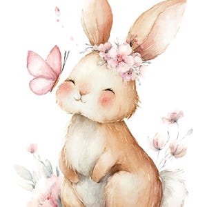 May include: Watercolor illustration of a cute bunny with a flower crown and a pink butterfly. The bunny has brown fur and a fluffy white tail. Pink flowers and leaves are scattered around the bunny.