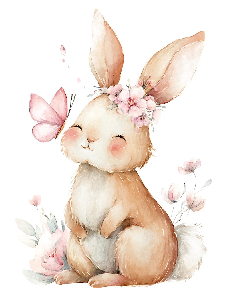 May include: Watercolor illustration of a cute bunny with a flower crown and a pink butterfly. The bunny has brown fur and a fluffy white tail. Pink flowers and leaves are scattered around the bunny.