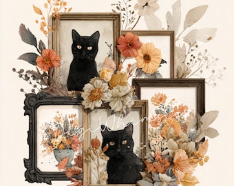 Vintage Halloween Black Cat Clipart: Boho Floral Frames (JPGs for Junk Journals, Scrapbooking