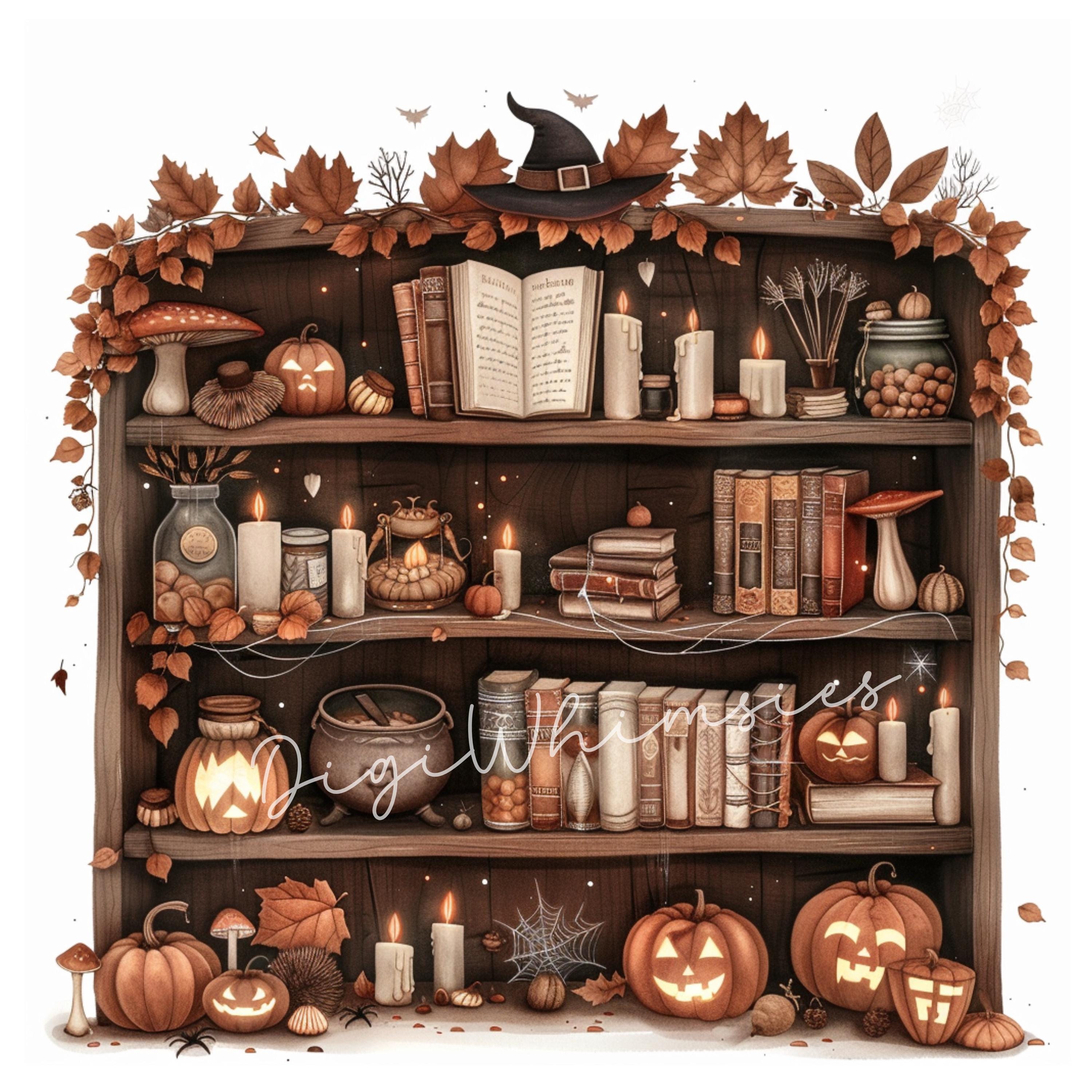 Witchy Bookshelf Clipart: Autumn Halloween Scrapbook Graphics (JPG ...