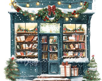 May include: A festive watercolour illustration of a bookstore at Christmas. The teal building is decorated with a wreath, fairy lights, and a red bow. Snow covers the roof and ground. Bookshelves are visible through the windows, and small Christmas trees stand on either side.