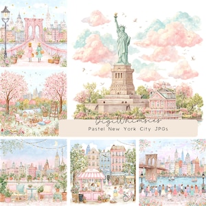 Pastellfärgad New York City Clipart, NYC sommarillustration, nyckfull rosa stadsturismgrafik, resestetik PNG JPG