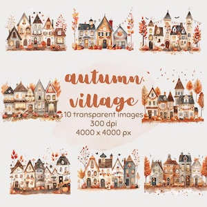 Puede incluir: Ilustraciones en acuarela de un pueblo otoñal con casas de tejados naranjas y marrones, decoradas con calabazas y hojas de otoño. Se muestra el texto "autumn village", junto con los detalles de la imagen.