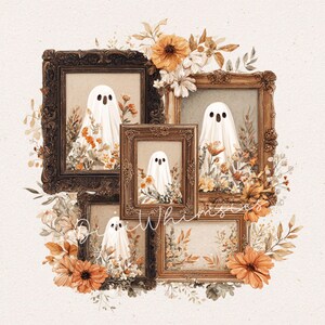 May include: A collection of framed art prints featuring whimsical ghost illustrations. Each ghost is draped in a white sheet with black dot eyes, surrounded by floral arrangements in warm autumnal colors. The frames are ornate, with a vintage aesthetic.