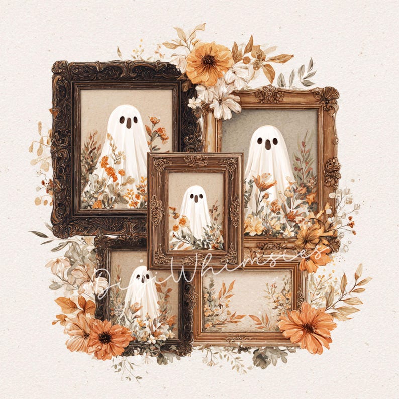 May include: A collection of framed art prints featuring whimsical ghost illustrations. Each ghost is draped in a white sheet with black dot eyes, surrounded by floral arrangements in warm autumnal colors. The frames are ornate, with a vintage aesthetic.