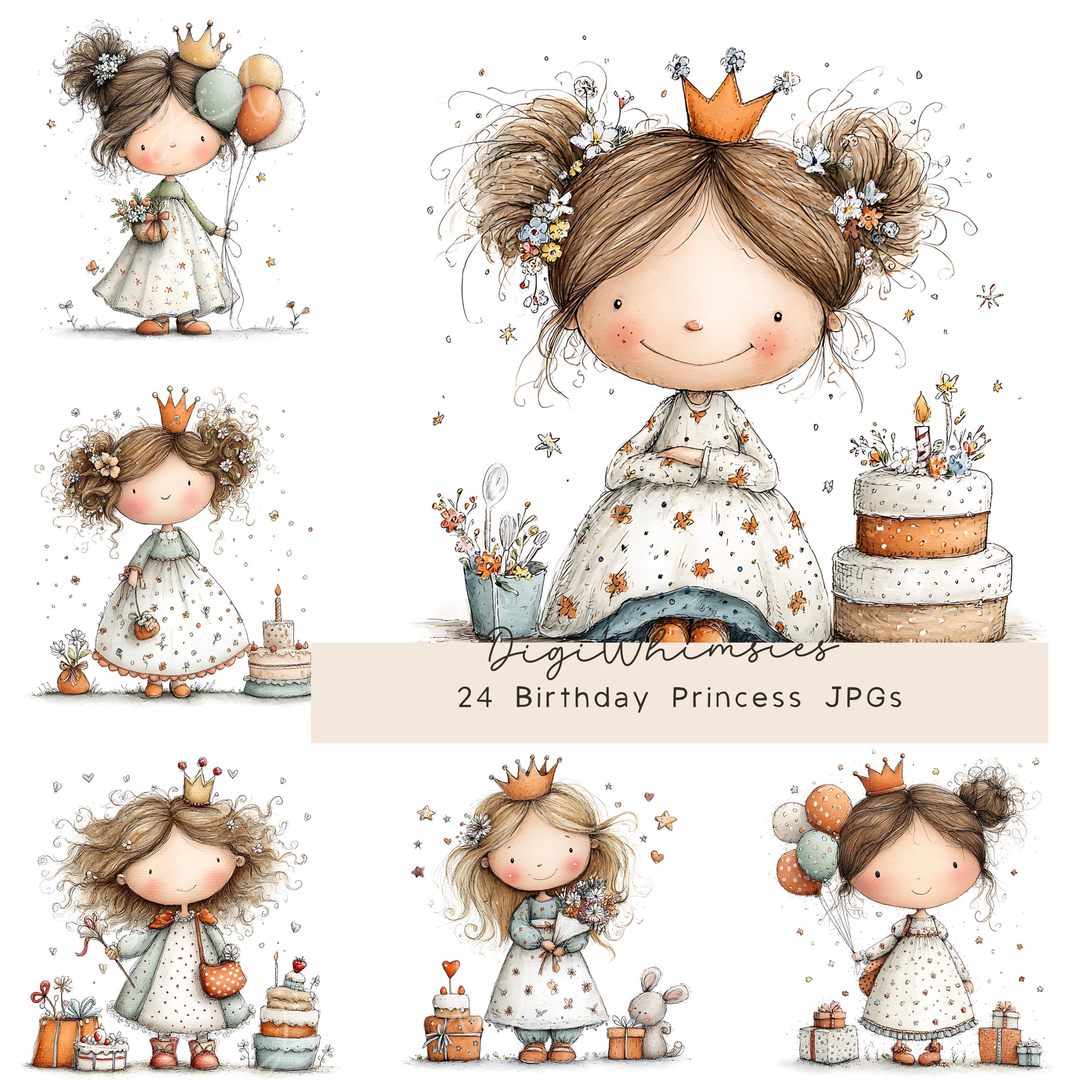Birthday Princess Clipart: Watercolor Girl, Pink Cake Illustrations (24 ...
