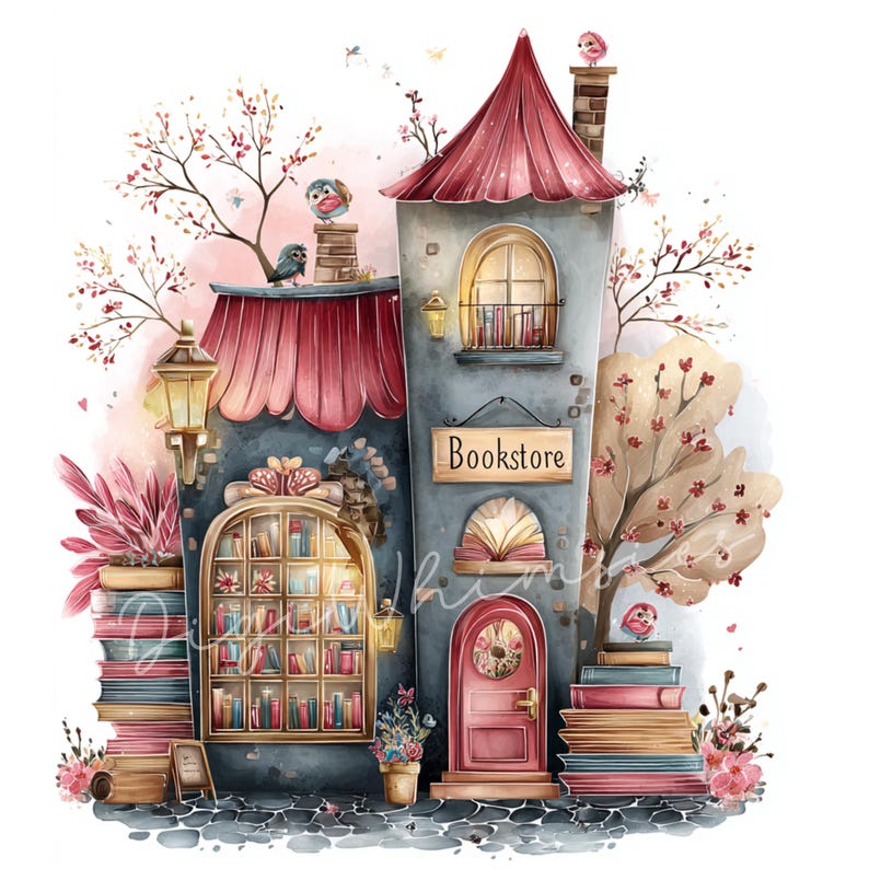 12 Whimsical Bookshop Clipart: Bookstore Junk Journal Graphics, Bookish ...