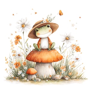 May include: A whimsical illustration of a smiling frog wearing a hat and sitting on a mushroom. The frog is green with a brown hat and orange jacket. The background features daisies, wildflowers, and butterflies.