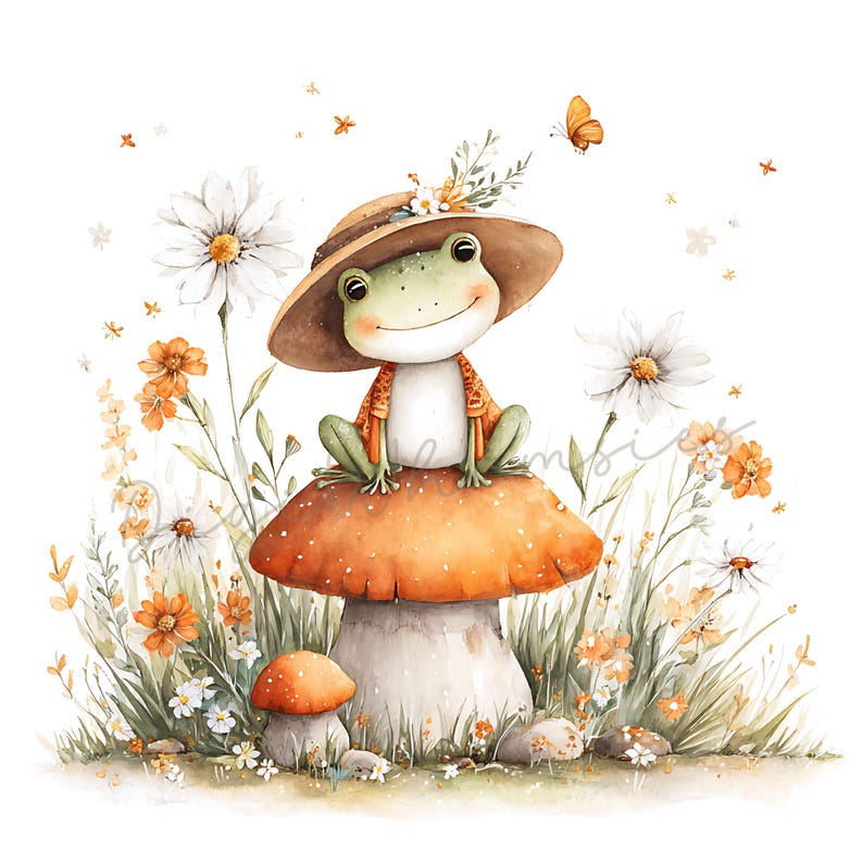 May include: A whimsical illustration of a smiling frog wearing a hat and sitting on a mushroom. The frog is green with a brown hat and orange jacket. The background features daisies, wildflowers, and butterflies.