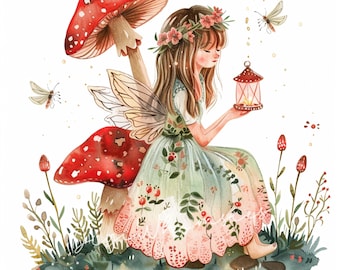 May include: Watercolor illustration of a fairy with long brown hair, a floral crown, and delicate wings. She sits on a mushroom, holding a red lantern. The fairy wears a green dress with floral accents, surrounded by butterflies and foliage.