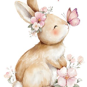 May include: Watercolor illustration of a bunny with a flower crown and a butterfly on its nose. The bunny is light brown with pink cheeks, surrounded by pink and white flowers and green leaves. The image has a soft, whimsical feel.
