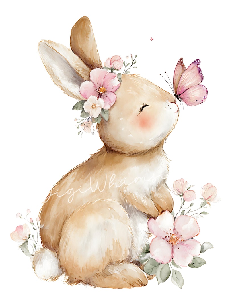 May include: Watercolor illustration of a bunny with a flower crown and a butterfly on its nose. The bunny is light brown with pink cheeks, surrounded by pink and white flowers and green leaves. The image has a soft, whimsical feel.