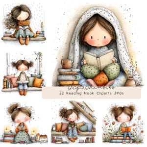 May include: A collection of watercolour clip art illustrations depicting a girl reading in different cosy environments. The images show girls reading on window sills, under blankets, and surrounded by books. The text "DigiWhimsies" and "22 Reading Nook Cliparts JPGs" are also visible.