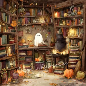 May include: A cozy, whimsical illustration of a Halloween-themed library. Bookshelves are filled with books, pumpkins, candles, and hanging plants. A friendly ghost stands on a table. The image has a warm, inviting color palette with the text "Digi Whimsies".