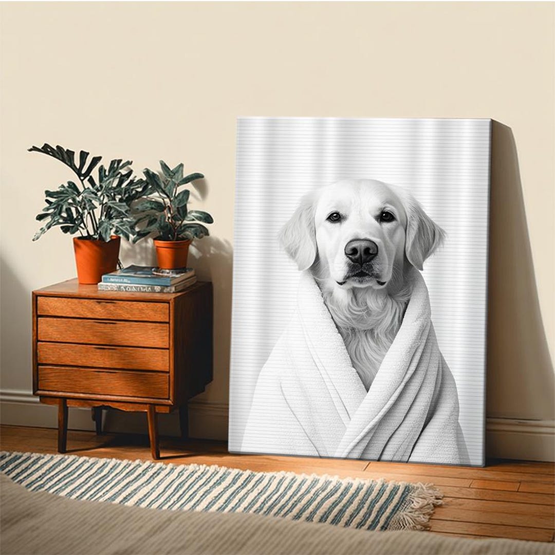 Black and White Golden Retriever in Robe Portrait Framed Decorative Art ...